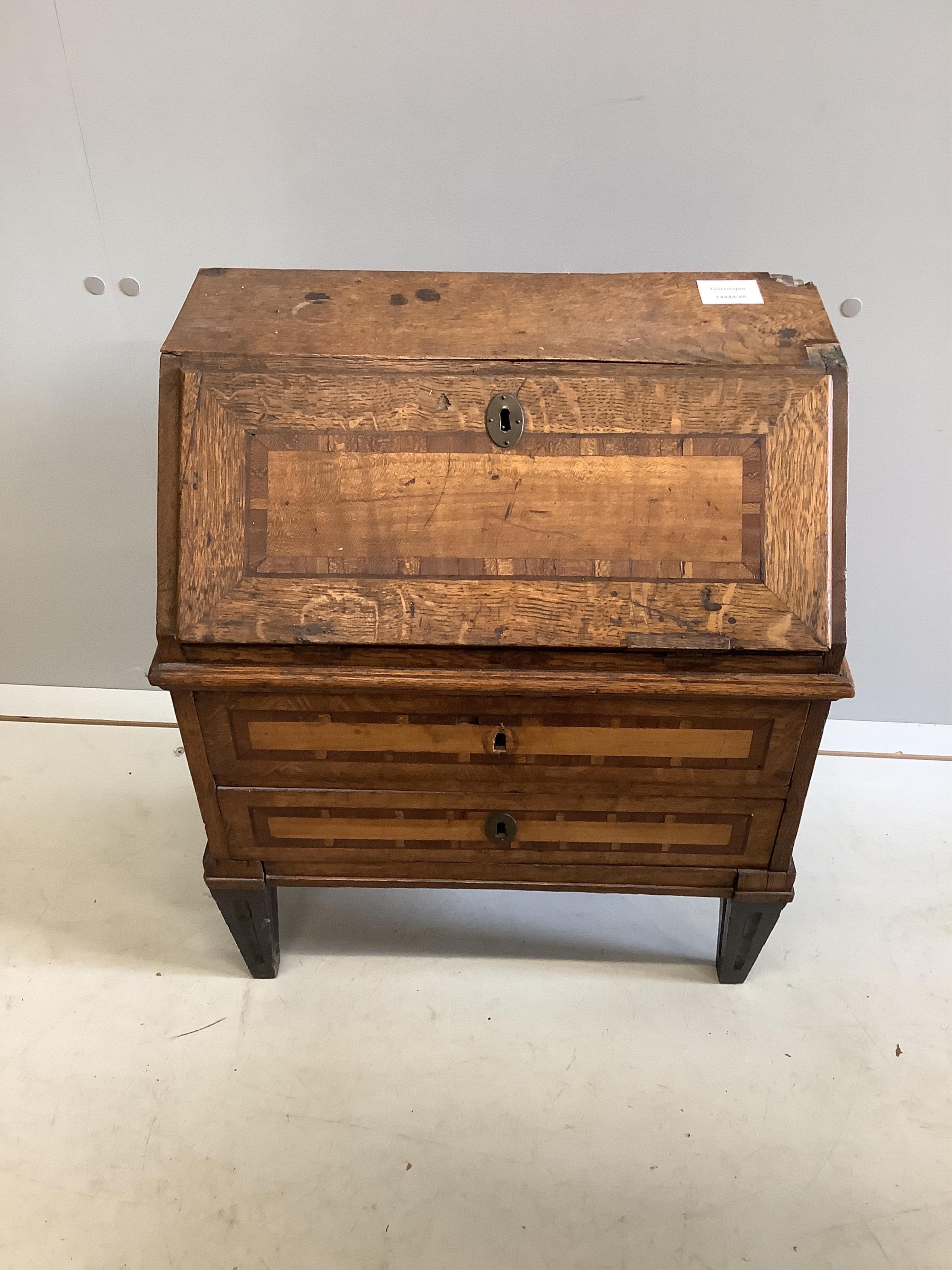 A mid 19th century Dutch miniature oak and mahogany crossbanded bureau, width 44cm, depth 25cm, height 52cm. Condition - fair